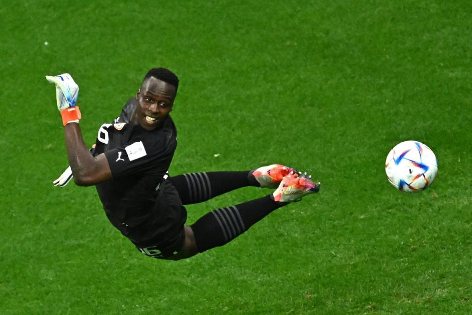 Senegal’s Edouard Mendy fails to save a strike from Bukayo Saka, England’s third of the match (AFP/Getty)