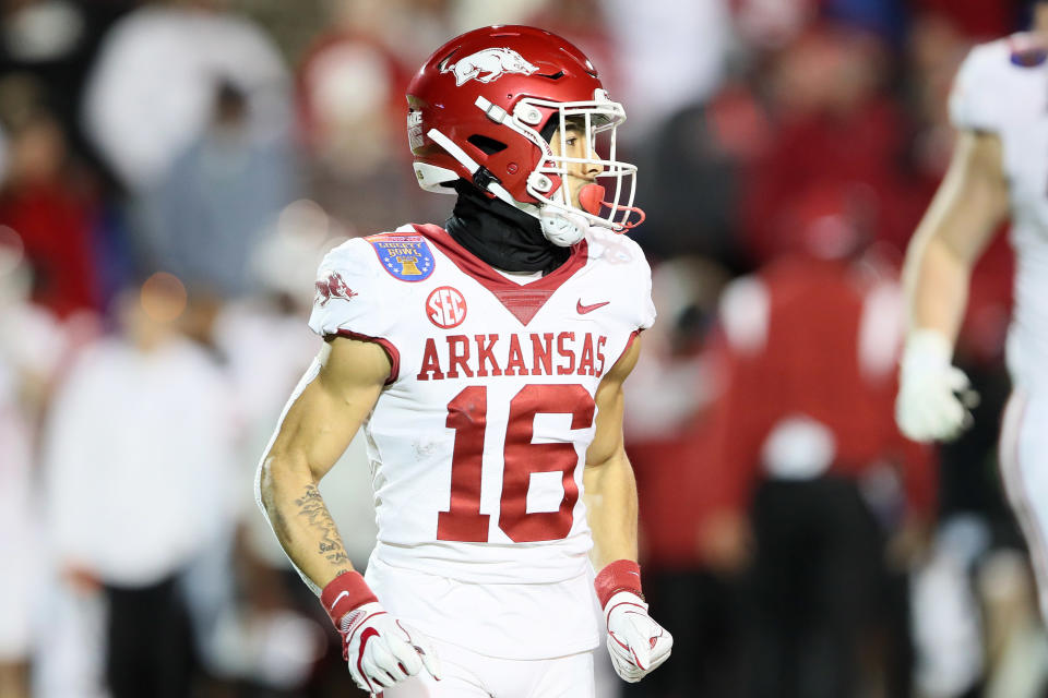 Dec 28, 2022; Memphis, TN, USA; Arkansas Razorbacks wide receiver Isaiah Sategna (16) during the fourth quarter against the Kansas Jayhawks in the 2022 Liberty Bowl at Liberty Bowl Memorial Stadium. Arkansas won 55-53. Mandatory Credit: Nelson Chenault-USA TODAY Sports