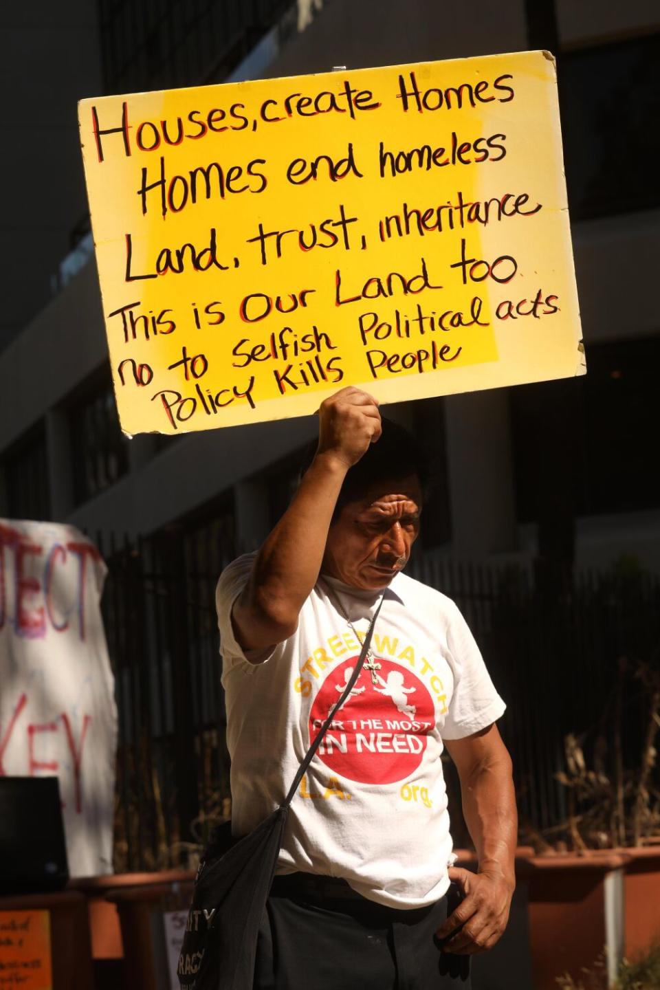 "I'm one of the lucky ones," said Gustavo Otzoy, attending an unhoused tenants rally in downtown Los Angeles.