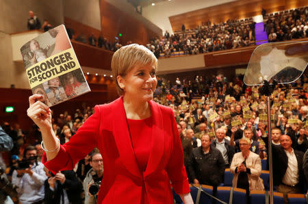 Nicola Sturgeon, Scotland's first Minister and leader of the Scottish National Party, delivers her party's election manifesto in Perth, Scotland, Britain May 30, 2017. REUTERS/Russell Cheyne