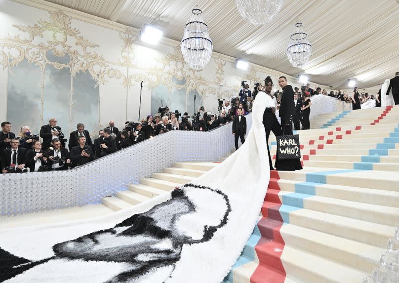 Jeremy Pope and Olivier Rousteing attend the Met gala for the "Karl Lagerfeld: A Line of Beauty" exhibition opening on May 1, 2023