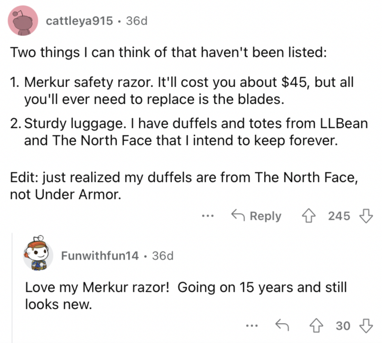 Reddit screenshot about the value of a safety razor and sturdy luggage.