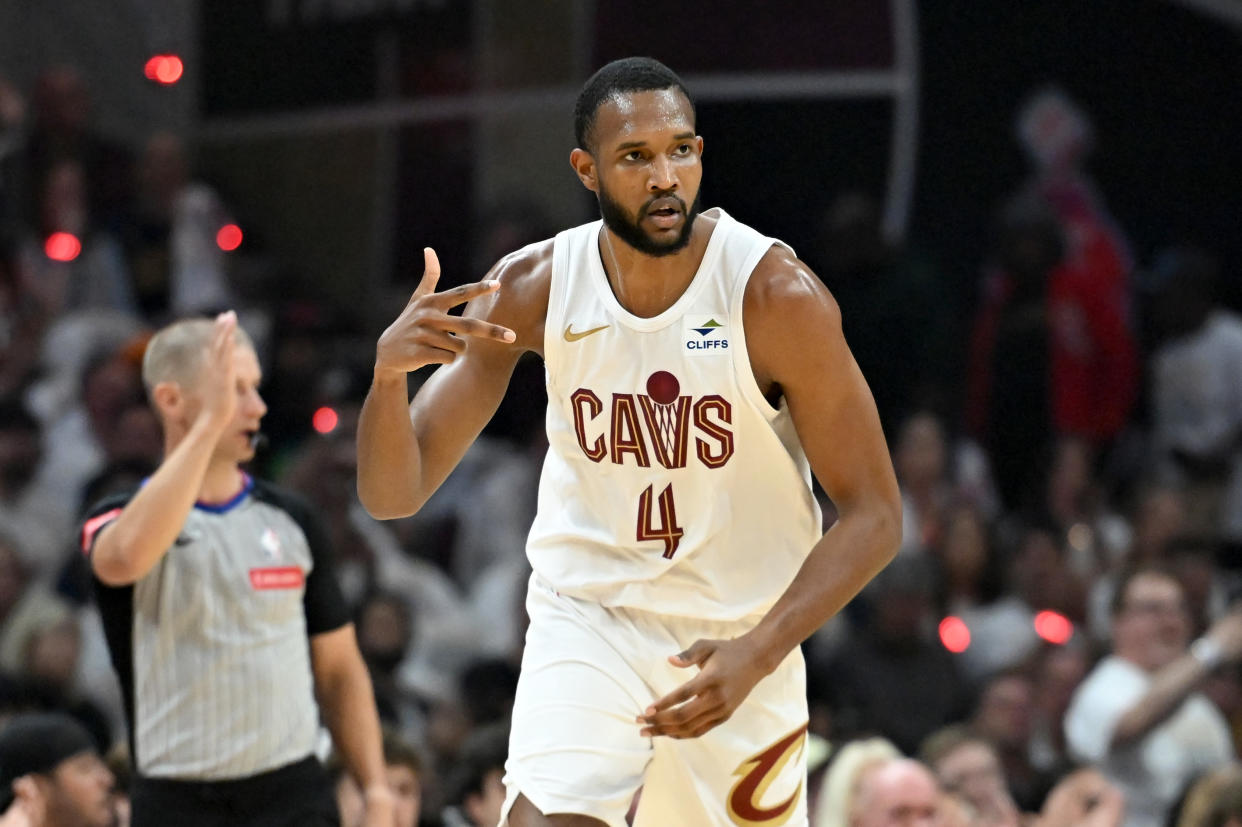 CLEVELAND, OHIO - MAY 13: Evan Mobley #4 of the Cleveland Cavaliers reacts during the first quarter in Game Four of the Eastern Conference Second Round Playoffs at Rocket Mortgage Fieldhouse on May 13, 2024 in Cleveland, Ohio. NOTE TO USER: User expressly acknowledges and agrees that, by downloading and or using this photograph, User is consenting to the terms and conditions of the Getty Images License Agreement. (Photo by Nick Cammett/Getty Images)