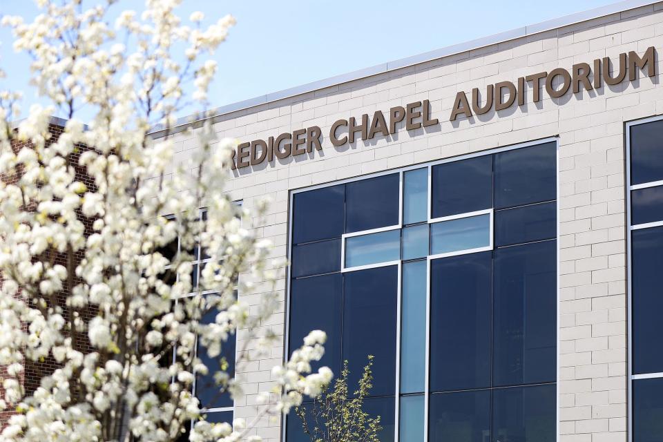 The Rediger Chapel Auditorium is seen at Taylor University in Upland, Ind., Monday, April 22, 2019.