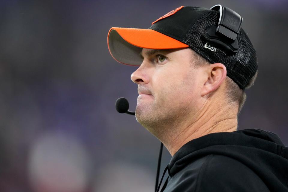 Cincinnati Bengals head coach Zac Taylor looks on from the sideline in the fourth quarter of the NFL Week 11 game between the <a class="link " href="https://sports.yahoo.com/nfl/teams/baltimore/" data-i13n="sec:content-canvas;subsec:anchor_text;elm:context_link" data-ylk="slk:Baltimore Ravens;sec:content-canvas;subsec:anchor_text;elm:context_link;itc:0">Baltimore Ravens</a> and the Cincinnati Bengals at M&T Bank Stadium in Baltimore on Thursday, Nov. 16, 2023. The Bengals fell to the Ravens, 34-20.