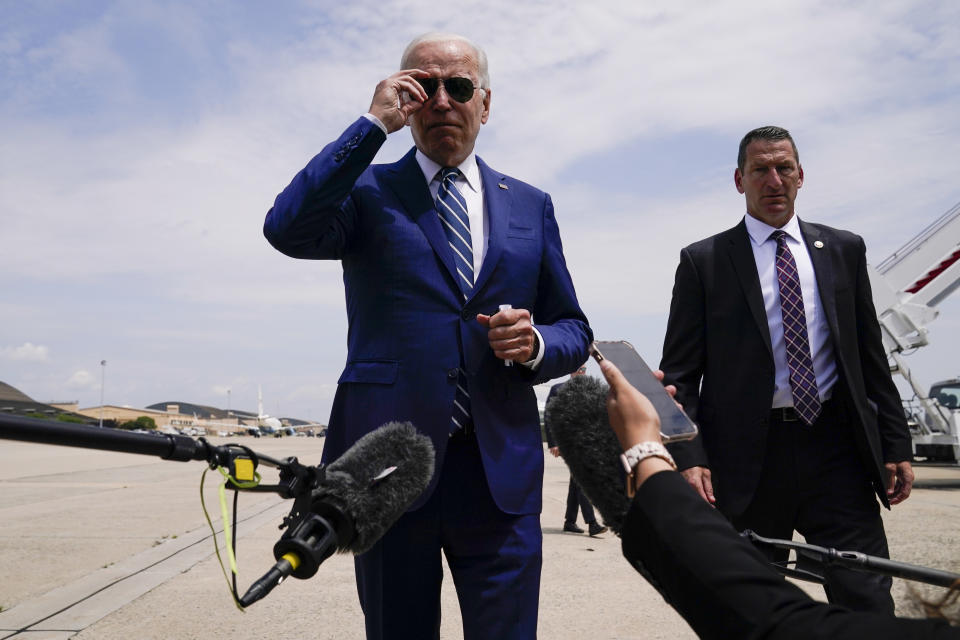 President Joe Biden speaks to reporters before he boards Air Force One for a trip to Los Angeles to attend the Summit of the Americas, Wednesday, June 8, 2022, at Andrews Air Force Base, Md. (AP Photo/Evan Vucci)