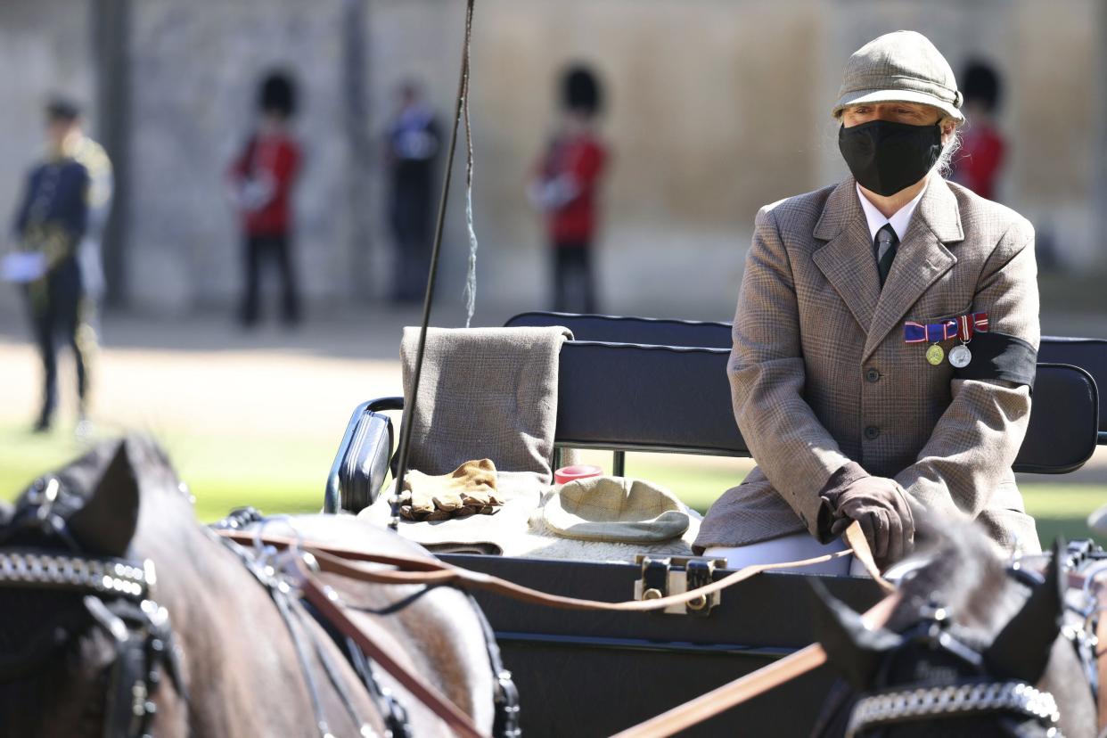 The Duke of Edinburgh's driving carriage arrives in the Quadrangle,  ahead of the funeral of Britain Prince Philip's funeral at Windsor Castle, in Windsor, England, Saturday April 17, 2021.