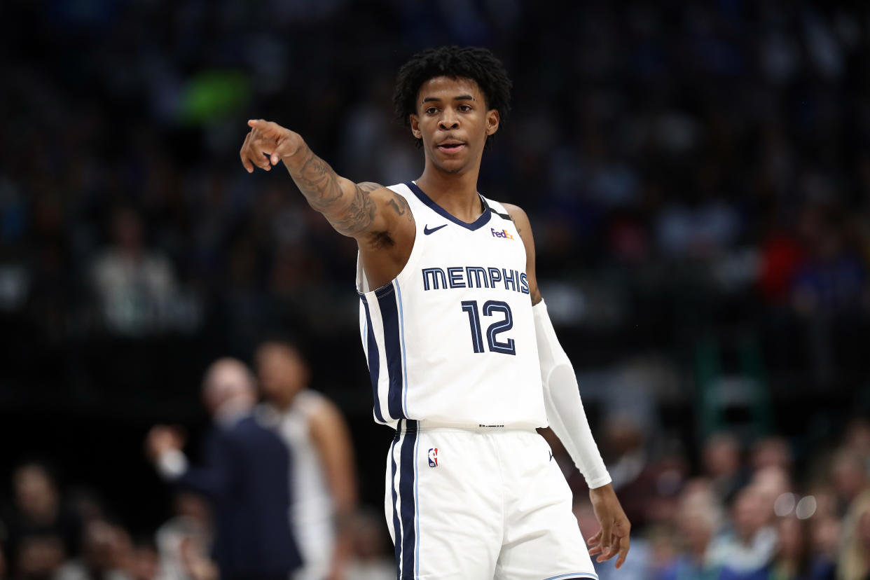 DALLAS, TEXAS - MARCH 06:  Ja Morant #12 of the Memphis Grizzlies during play against the Dallas Mavericks in the first half at American Airlines Center on March 06, 2020 in Dallas, Texas.  NOTE TO USER: User expressly acknowledges and agrees that, by downloading and or using this photograph, User is consenting to the terms and conditions of the Getty Images License Agreement. (Photo by Ronald Martinez/Getty Images)