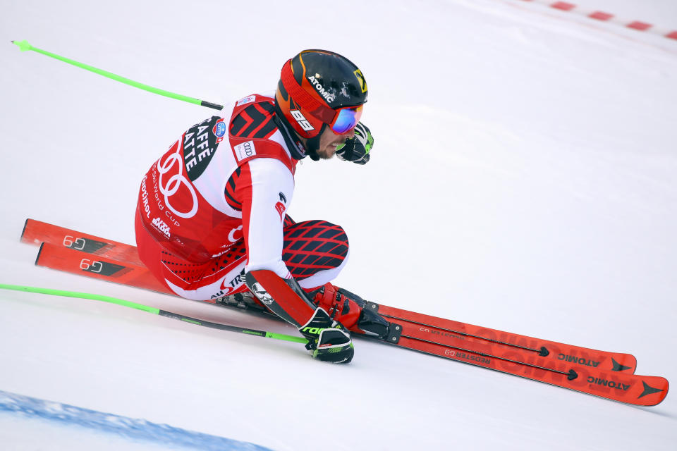 130Austria's Marcel Hirscher speeds down the course during a men's World Cup Giant Slalom, in Alta Badia, Italy, Sunday, Dec. 16, 2018. (AP Photo/Alessandro Trovati)