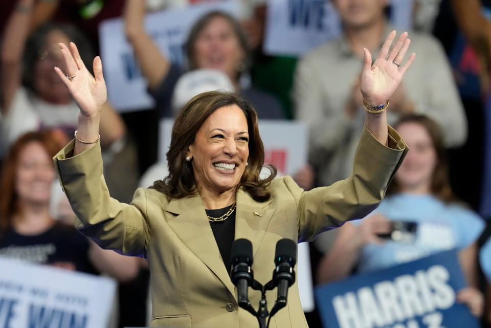 Democratic presidential nominee Vice President Kamala Harris speaks at a campaign rally at Desert Diamond Arena, Friday, Aug. 9, 2024, in Glendale, Arizona (AP)