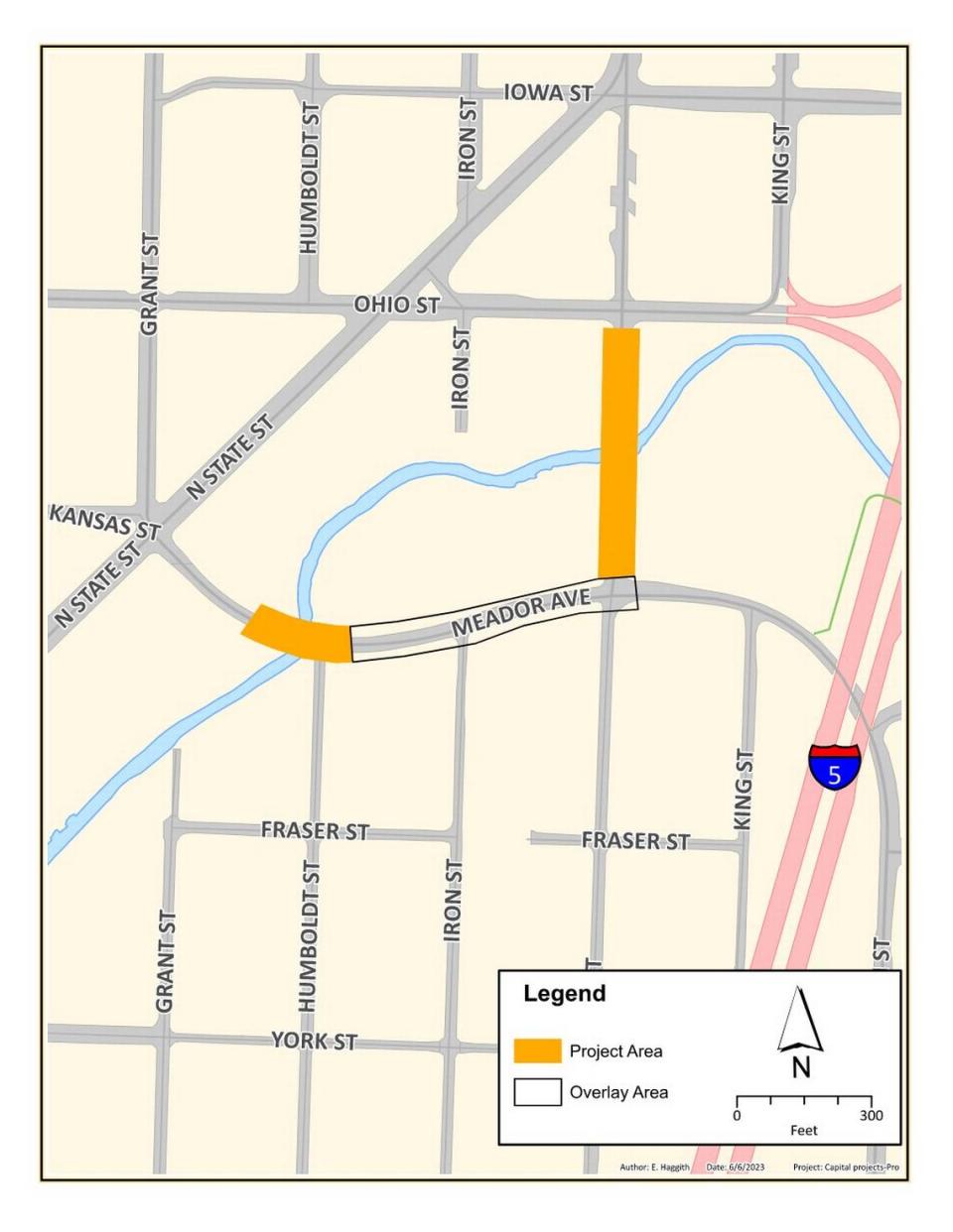 Orange shaded areas show the location of bridges over Whatcom Creek that are scheduled for replacement starting in May 2024.
