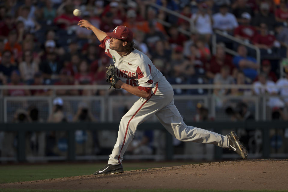 Jun 26, 2018; Omaha, NE, USA; Arkansas Razorbacks starting pitcher Blaine Knight (16) pitches in the third inning against the Oregon State Beavers in game one of the championship series of the College World Series at TD Ameritrade Park. Mandatory Credit: Steven Branscombe-USA TODAY Sports