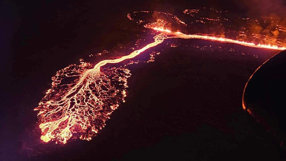 A view of lava after a volcanic eruption on Iceland’s Reykjanes peninsula, taken on December 19, 2023. The eruption began following an earthquake that started about an hour earlier. <em>CREDIT: Iceland Police Department/Anadolu via Getty Images.</em>