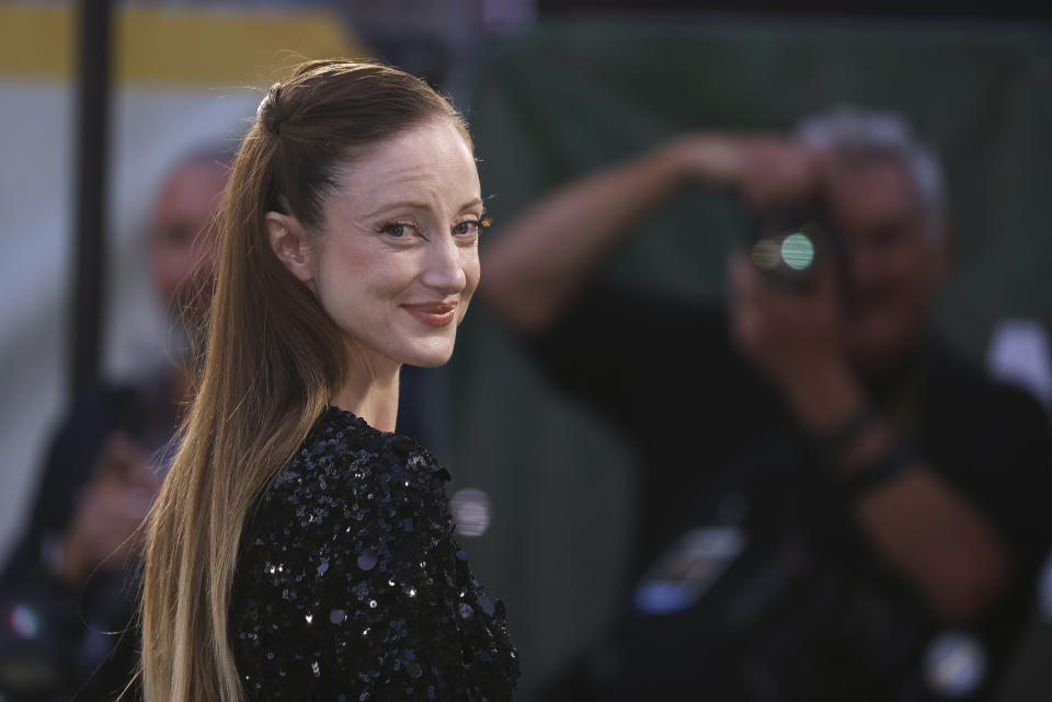 FILE - Andrea Riseborough poses for photographers upon arrival for the premiere of the film "Amsterdam" in London, on Sept. 21, 2022. Riseborough is nominated for an Oscar for best actress for her role in "To Leslie." (Photo by Vianney Le Caer/Invision/AP, File)