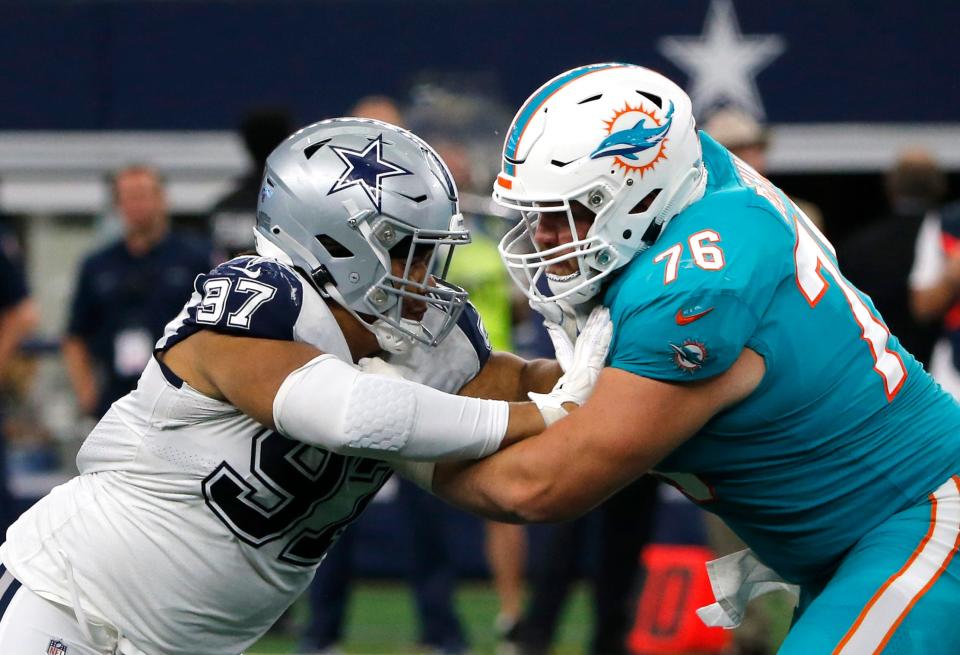 A former second-round pick by the Dallas Cowboys, Trysten Hill (97) has seven TFLs and 1.5 sacks in 31 career games.