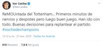 Así vio Iker Casillas la victoria del Tottenham ante el Olympiakos en el primer encuentro en Champions de Mourinho como técnico de los <em>spurs</em>. El portero parece que ha olvidado las rencillas del pasado y alabó las decisiones de su exentrenador para conseguir la “reMOUntada” en el partido, como él mismo la calificó haciendo un juego de palabras. (Foto: Twitter / <a href="http://twitter.com/IkerCasillas/status/1199465878288556032" rel="nofollow noopener" target="_blank" data-ylk="slk:@IkerCasillas;elm:context_link;itc:0;sec:content-canvas" class="link ">@IkerCasillas</a>).