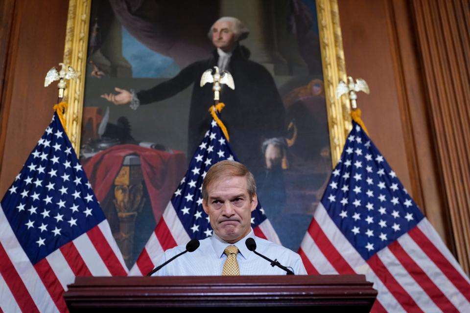 Rep. Jim Jordan, R-Ohio, House Judiciary chairman and staunch ally of Donald Trump, meets with reporters at the Capitol in Washington, Friday, Oct. 20, 2023. The Republican dysfunction that has ground business in the U.S. House to a halt as two wars rage abroad and a budget crisis looms at home is contributing to a deep loss of faith in American institutions.