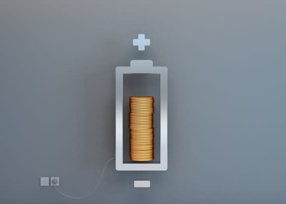 A battery with the charge level represented by a stack of coins.