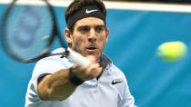 Tennis - Stockholm Open - Men Final - Royal Tennis Hall, Stockholm, Sweden - October 22, 2017. Juan Martin Del Potro of Argentina returns to Grigor Dimitrov of Bulgaria. TT News Agency/Claudio Bresciani/via REUTERS