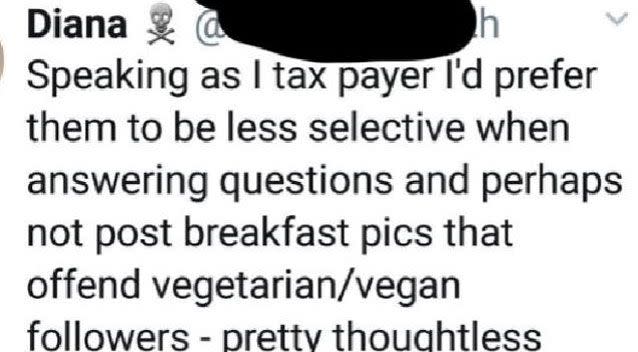 A few responses slammed the picture as disrespectful to vegans. Photo: Twitter