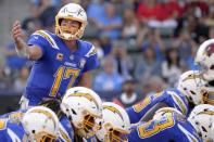 Nov 25, 2018; Carson, CA, USA; Los Angeles Chargers quarterback Philip Rivers (17) gestures before the snap in the third quarter against the Arizona Cardinals at StubHub Center. Mandatory Credit: Jake Roth-USA TODAY Sports