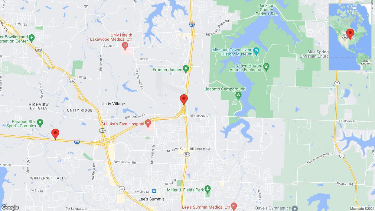 A detailed map that shows the affected road due to 'Drivers cautioned as heavy rain triggers traffic concerns on westbound I-470 in Lee's Summit' on May 6th at 11:33 p.m.