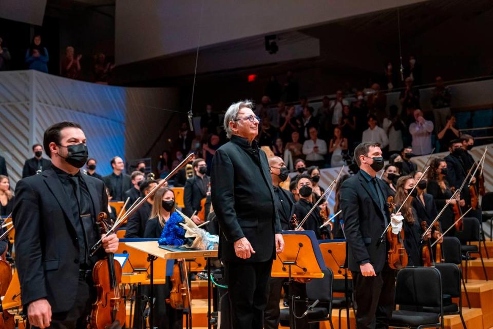 Michael Tilson Thomas conducts the New World Symphony on May 6, 2022. Tilson Thomas stepped down as the symphony’s artistic director due to health concerns.