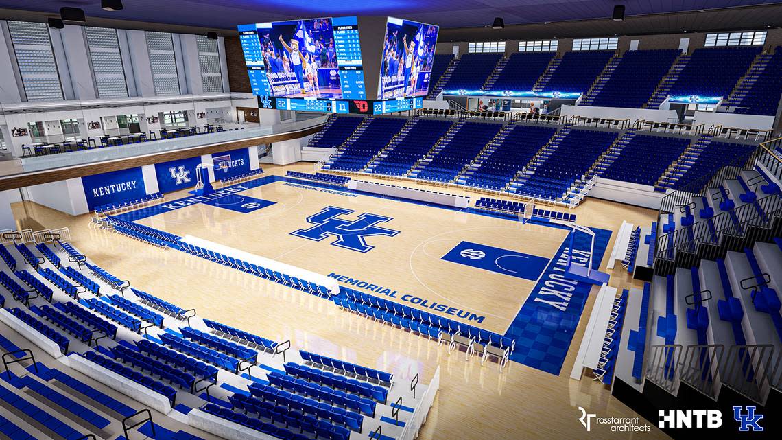 A rendering released by UK shows the layout for basketball games in the renovated Memorial Coliseum starting in 2024. UK Athletics