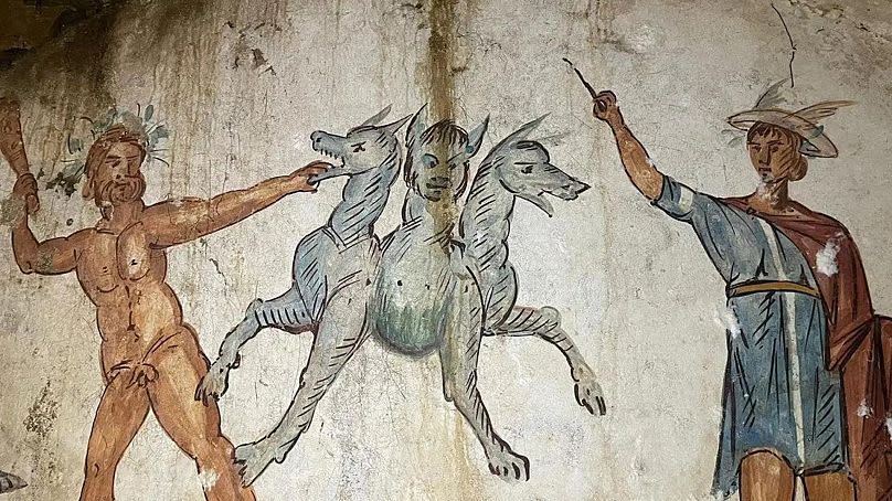 A recently-discovered frescoe depicting the Ancient greek creature Cerberus