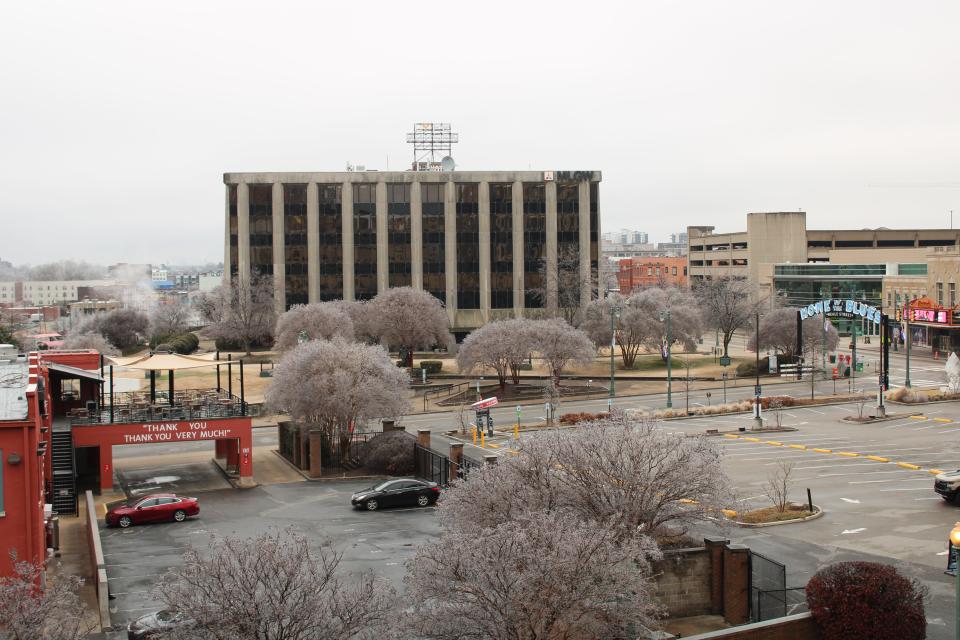Downtown Memphis and Beale Street were empty and cold on Jan. 31, 2023, as trees were covered with ice after a winter storm dropped temperatures into the 20s.