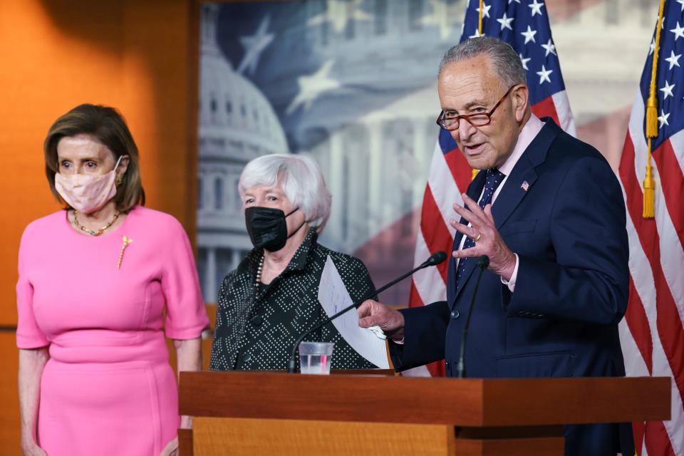 From left, Speaker of the House Nancy Pelosi, D-Calif., Treasury Secretary Janet Yellen, and Senate Majority Leader Chuck Schumer, D-N.Y., update reporters on Democratic efforts to pass President Joe Biden's "Build Back Better" agenda, at the Capitol in Washington on Sept. 23, 2021.