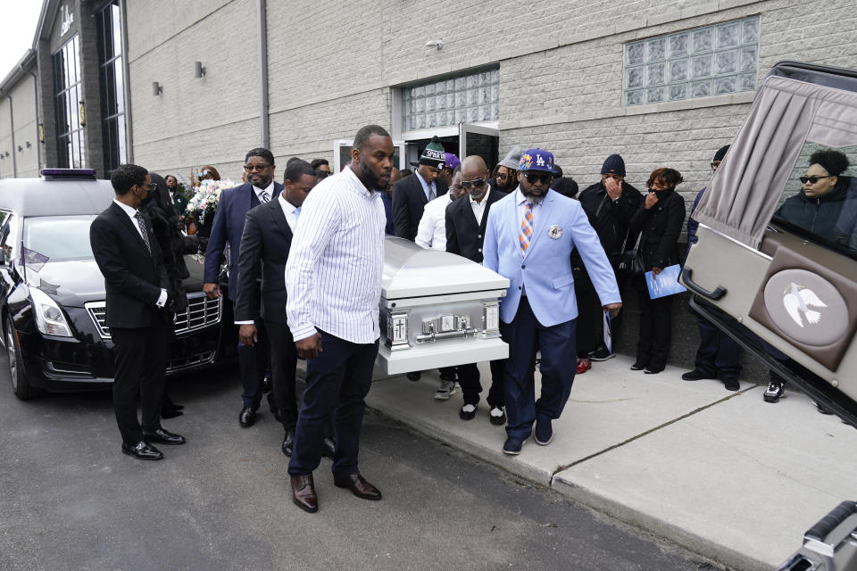 The casket of Michigan State University shooting victim Arielle Anderson is carried from the funeral in Detroit, Tuesday, Feb. 21, 2023. Anderson, Alexandria Verner and Brian Fraser and were killed and several other students injured after a gunman opened fire on the campus of Michigan State University. (AP Photo/Paul Sancya)