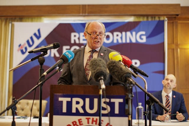Traditional Unionist Voice leader Jim Allister during the launch of the party's candidates for the Westminster elections at the Dunadry Hotel in Antrim in May
