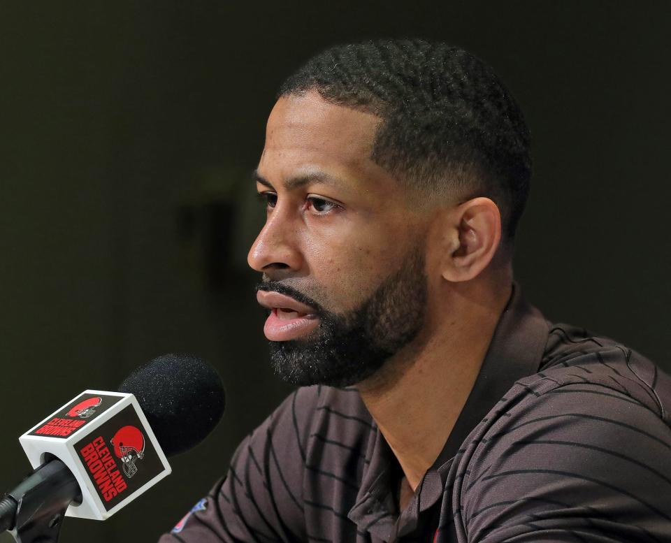 Cleveland Browns general manager Andrew Berry responds to questions during Watson's introductory press conference at the Cleveland Browns Training Facility on Friday.