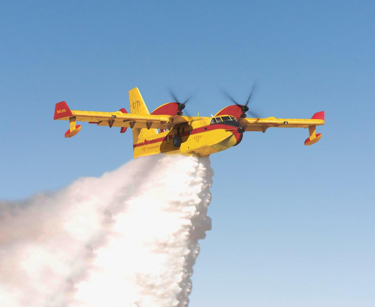 According to De Havilland Canada, DHC-515 Firefighter planes can deliver multiple drops of water in rapid succession and handle high winds that are often present with large scale wildfires.  (N. Fazos/De Havilland Canada - image credit)