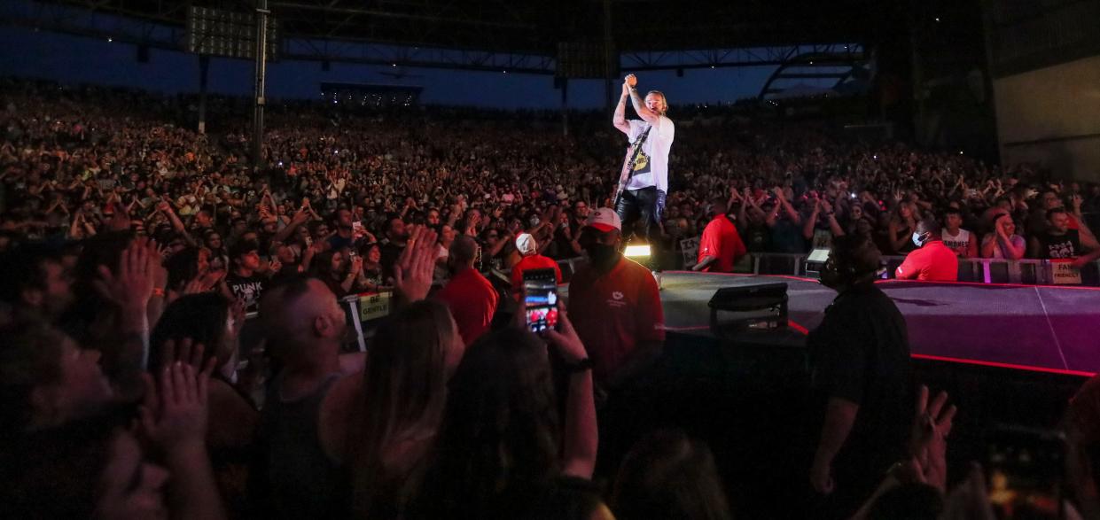 Pete Wentz of Fall Out Boy performs at the American Family Insurance Amphitheater on Sept. 1, 2021, as part of the Hella Mega Tour.