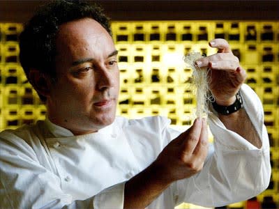 Chef&nbsp;Ferran Adrià holding yarn looking substance in hands
