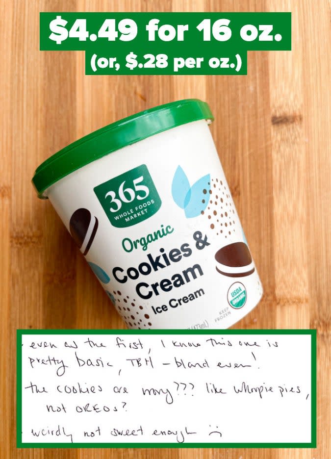 365 ice cream with notes that say, "weirdly not sweet enough :("