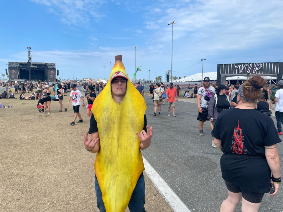 A fan known only as “Banana Man” is one of several rockers adorning a banana costume at Welcome to Rockville this weekend.