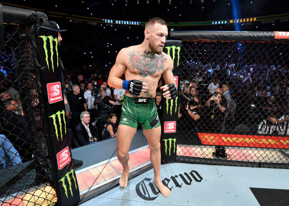 Conor McGregor of Ireland prepares to fight Dustin Poirier during the UFC 264 event at T-Mobile Arena