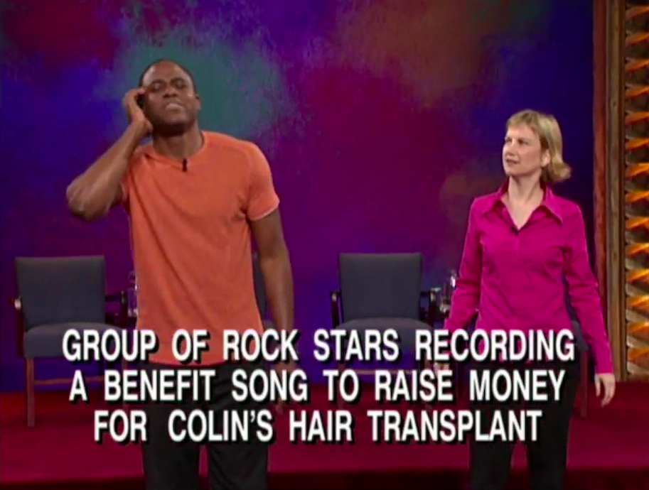 Wayne holding an imaginary headphone to his ear with text reading, "Group of rock stars recording a benefit song to raise money for Colin's hair transplant"