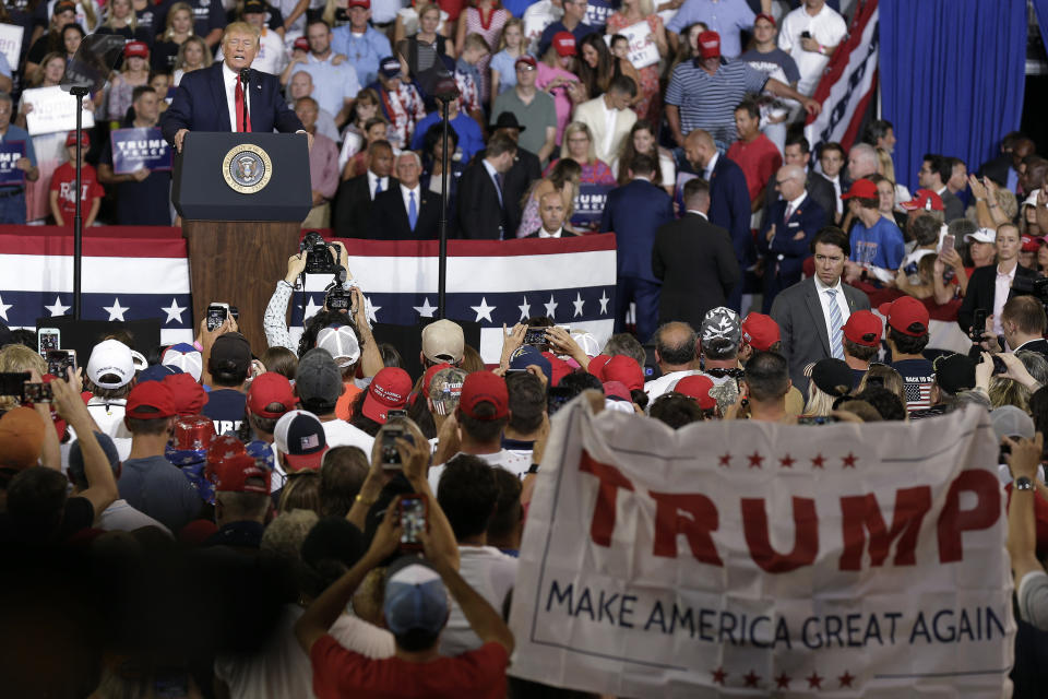 President Donald Trump speaks at a campaign rally in Greenville, N.C., Wednesday, July 17, 2019. (AP Photo/Gerry Broome)