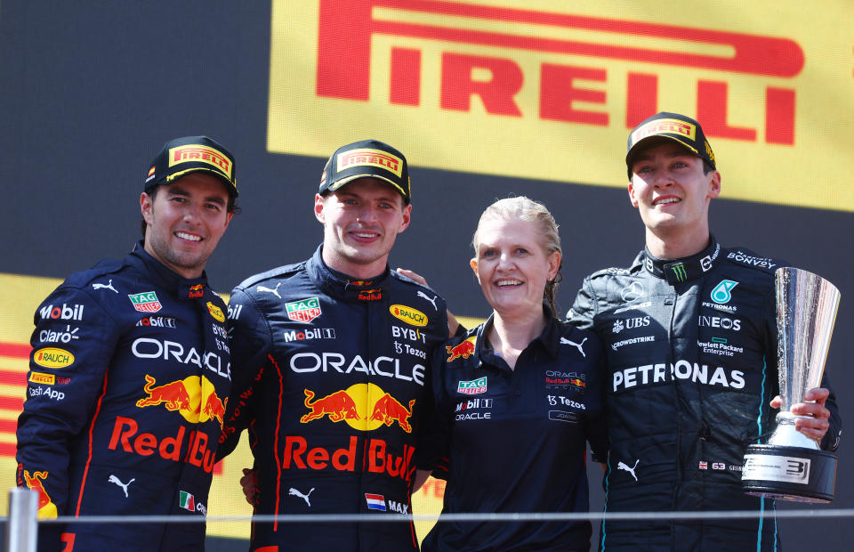 Sergio Perez, Max Verstappen and George Russell, pictured here on the podium after the Spanish Grand Prix.