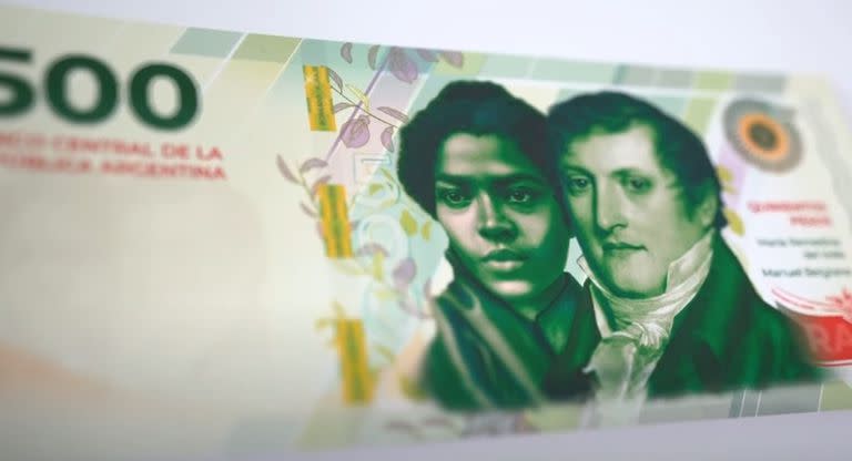 El nuevo billete de 500 pesos, con Manuel Belgrano y Remedios del Valle (Foto: Captura de video)