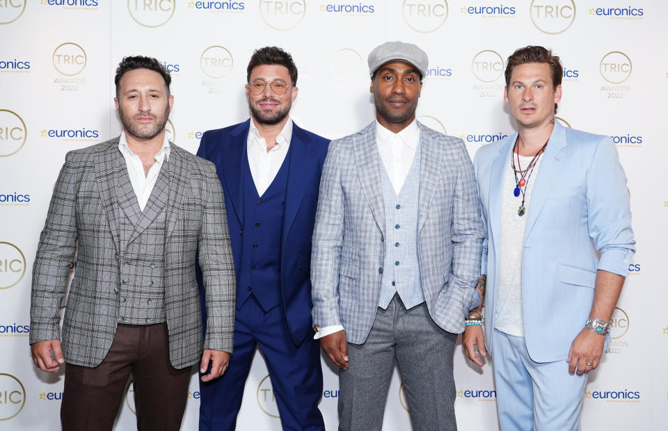 (left to right) Antony Costa, Duncan James, Simon Webbe and Lee Ryan of Blue arriving for the TRIC Awards 2022 at Grosvenor House, London. Picture date: Wednesday July 6, 2022. (Photo by Ian West/PA Images via Getty Images)