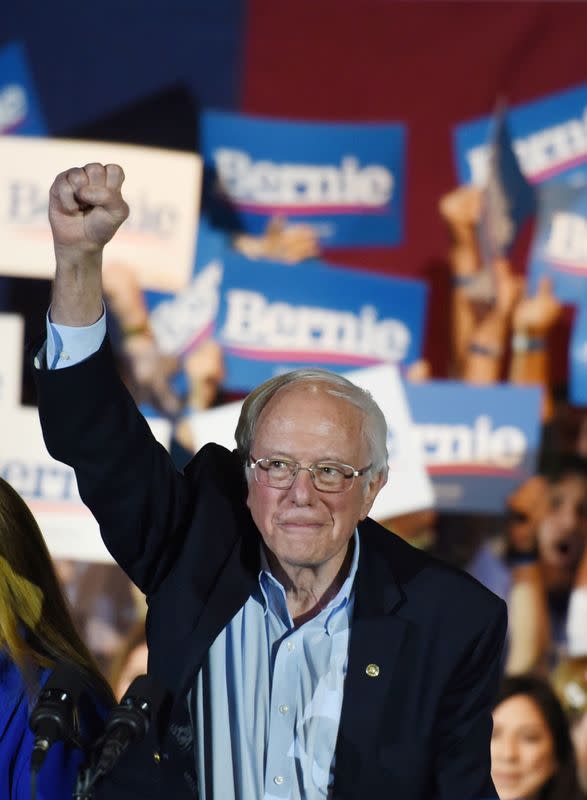 U.S. Democratic presidential candidate Senator Bernie Sanders celebrates after being declared the winner of the Nevada Caucus as he holds a campaign rally in San Antonio, Texas, U.S.