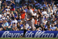 San Francisco Giants' Brandon Belt rounds the bases after hitting a two-run home run during the seventh inning of a baseball game against the Chicago Cubs in Chicago, Friday, Sept. 10, 2021. (AP Photo/Nam Y. Huh)