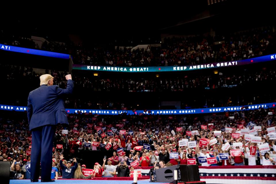 President Donald Trump takes the stage at a campaign rally at American Airlines Arena in Dallas, Texas, on Oct. 17, 2019.