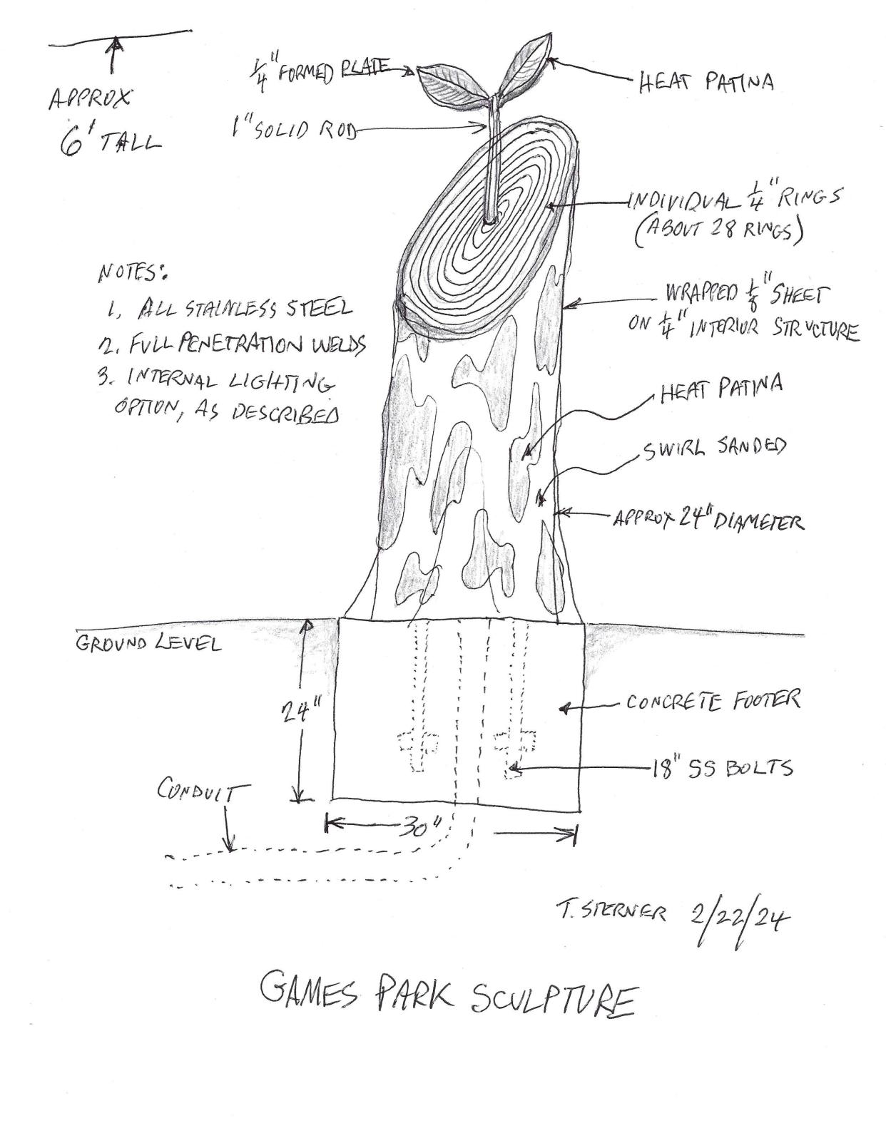 A sketch of artist Thomas Sterner's Revitalization Stump sculpture for Riverwalk Games Park, which has been selected as the winning idea for the first-ever Salisbury Prize public art competition.