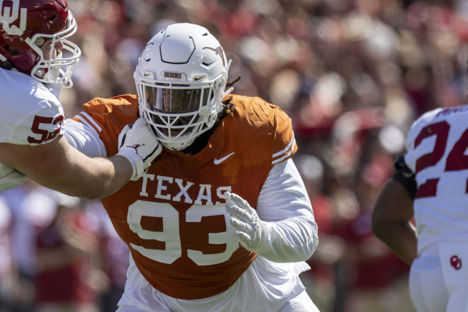Oct 7, 2023; Dallas, Texas, USA; Texas Longhorns defensive lineman T’Vondre Sweat (93) in action during the game between the Texas Longhorns and the <a class="link " href="https://sports.yahoo.com/ncaaf/teams/oklahoma/" data-i13n="sec:content-canvas;subsec:anchor_text;elm:context_link" data-ylk="slk:Oklahoma Sooners;sec:content-canvas;subsec:anchor_text;elm:context_link;itc:0">Oklahoma Sooners</a> at the Cotton Bowl. Mandatory Credit: Jerome Miron-USA TODAY Sports